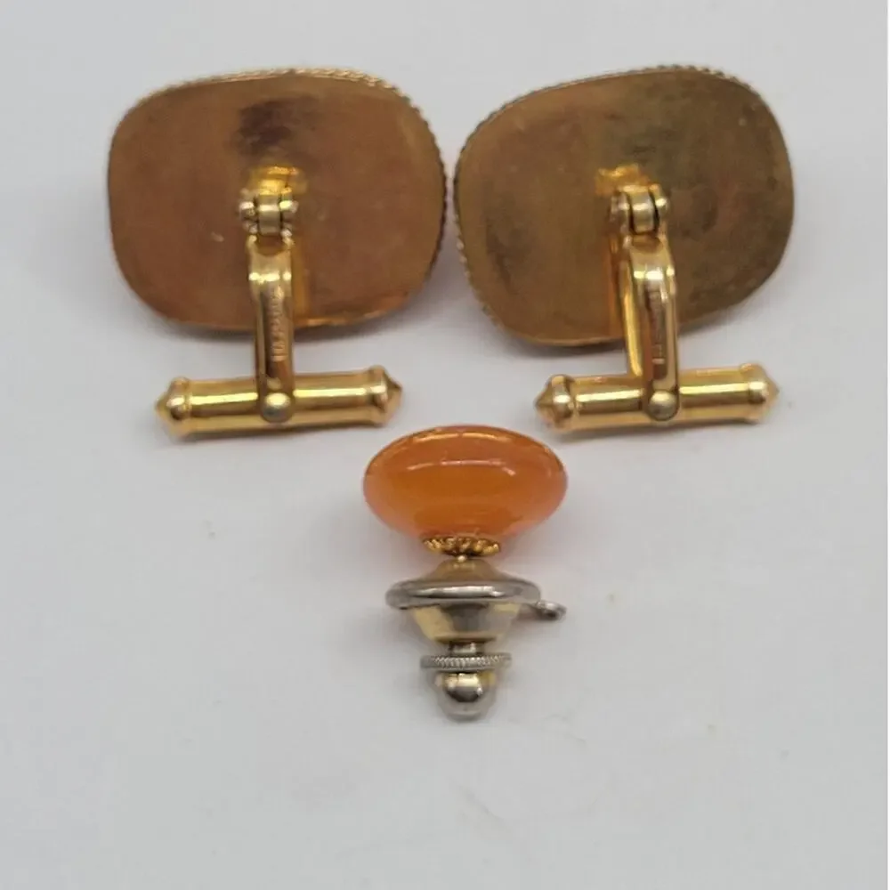 Vintage 12K Gold Filled Butterscotch Amber Cufflinks Tie Tack Set Preppy